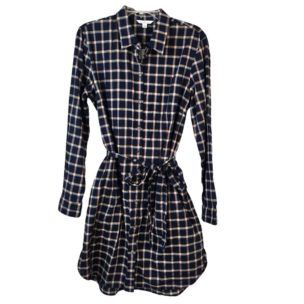 L.L.Bean Signature Essential Button Front Shirt Dress 14 R Navy Multi Plaid NEW